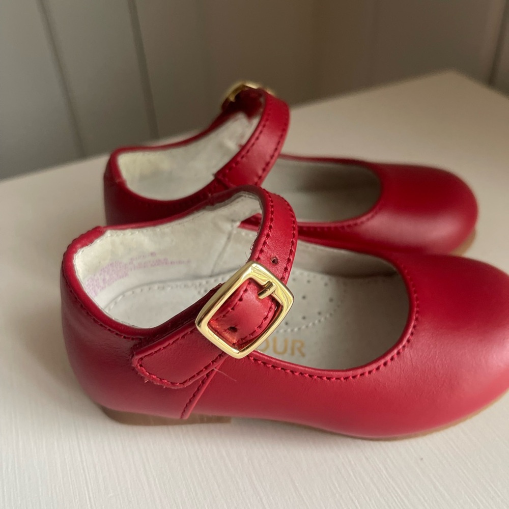 L'Amour Red Mary Jane Dress Shoes with Gold Buckle